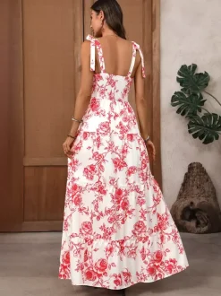 Women's White Red Floral Print Maxi Dress Square Neck Tie Strap Tiered Flowy Summer Beach Dress