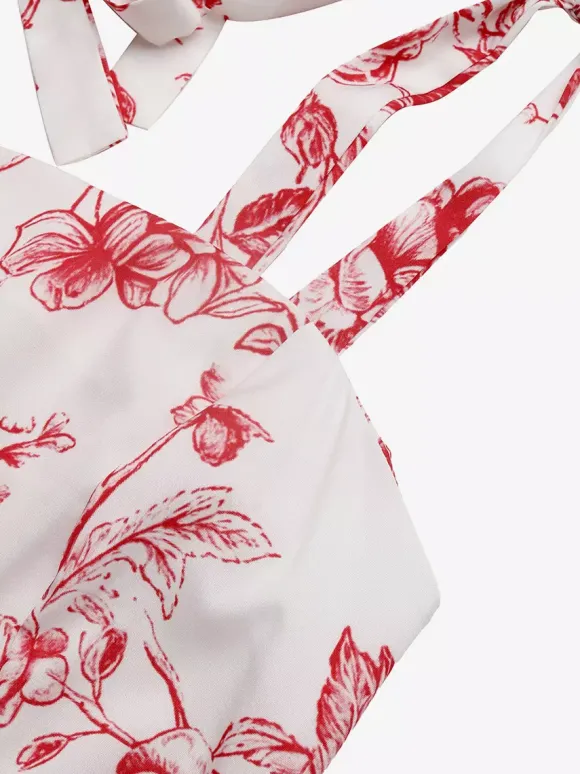 Women's White Red Floral Print Maxi Dress Square Neck Tie Strap Tiered Flowy Summer Beach Dress