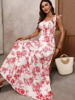 Women's White Red Floral Print Maxi Dress Square Neck Tie Strap Tiered Flowy Summer Beach Dress