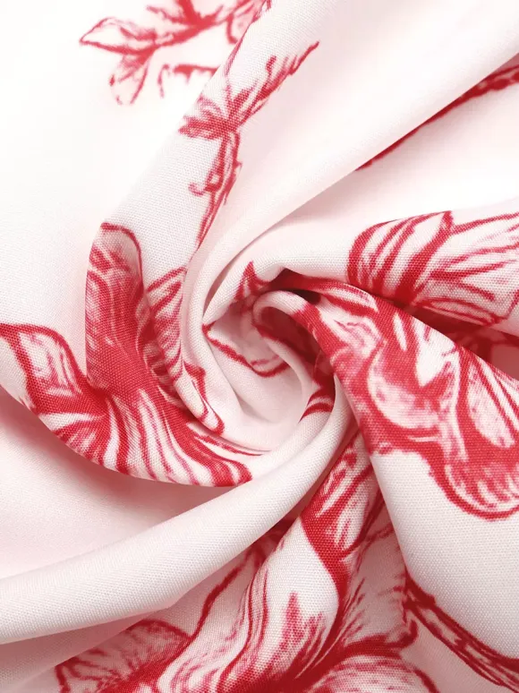 Women's White Red Floral Print Maxi Dress Square Neck Tie Strap Tiered Flowy Summer Beach Dress
