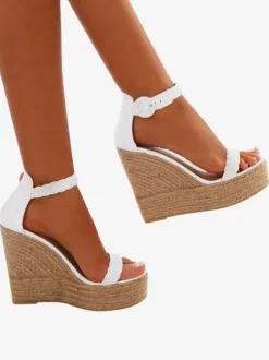 Women's White Wedge Sandals Women Platform Open Toe Buckle Detail Espadrille Sandals