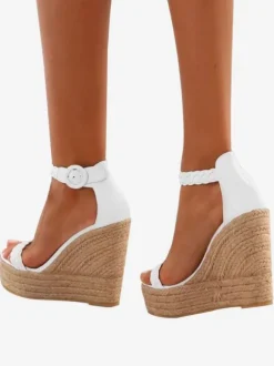 Women's White Wedge Sandals Women Platform Open Toe Buckle Detail Espadrille Sandals