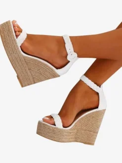 Women's White Wedge Sandals Women Platform Open Toe Buckle Detail Espadrille Sandals