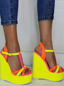 Women's Yellow T Strap Platform Wedge Sandals