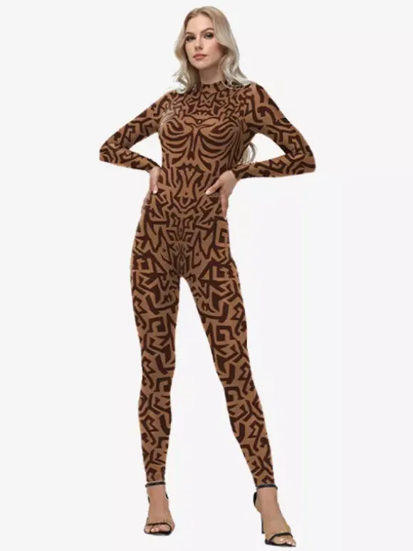 Womens Zentai Full Body Catsuit With Greek Pattern Printed Bodysuit