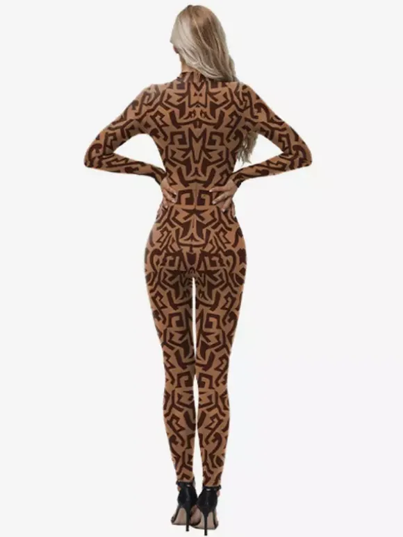 Womens Zentai Full Body Catsuit With Greek Pattern Printed Bodysuit
