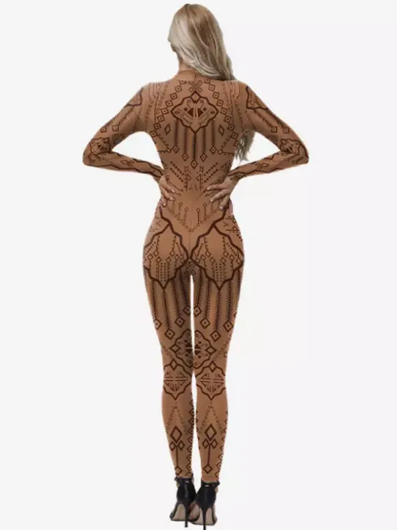 Womens Zentai Full Body Catsuit With Greek Pattern Printed Bodysuit