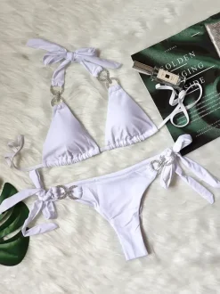 Women Two Piece Swimsuits White Straps Neck Summer Beach Swimwear