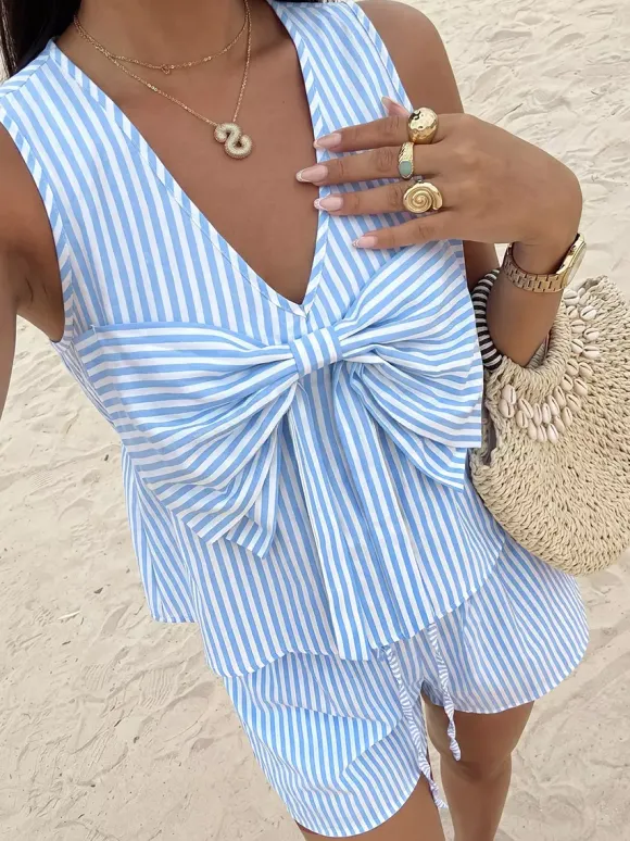Women Vertical Striped Sleeveless V Neck Big Bow Crop Top Elastic Shorts 2 Piece Set