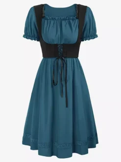Women Vintage Dress Renaissance Square Neck Dress Short Sleeve V-Back A-Line Dress Ruched Temperament Evening Dresses