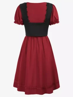 Women Vintage Dress Renaissance Square Neck Dress Short Sleeve V-Back A-Line Dress Ruched Temperament Evening Dresses