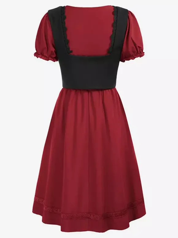 Women Vintage Dress Renaissance Square Neck Dress Short Sleeve V-Back A-Line Dress Ruched Temperament Evening Dresses