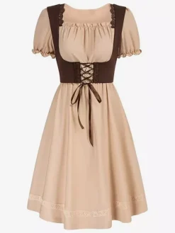 Women Vintage Dress Renaissance Square Neck Dress Short Sleeve V-Back A-Line Dress Ruched Temperament Evening Dresses