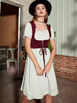 Women Vintage Dress Renaissance Square Neck Dress Short Sleeve V-Back A-Line Dress Ruched Temperament Evening Dresses