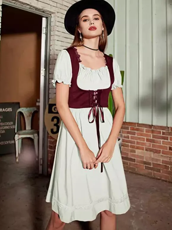Women Vintage Dress Renaissance Square Neck Dress Short Sleeve V-Back A-Line Dress Ruched Temperament Evening Dresses
