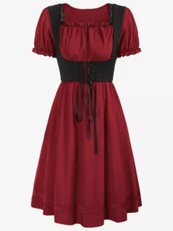 Women Vintage Dress Renaissance Square Neck Dress Short Sleeve V-Back A-Line Dress Ruched Temperament Evening Dresses