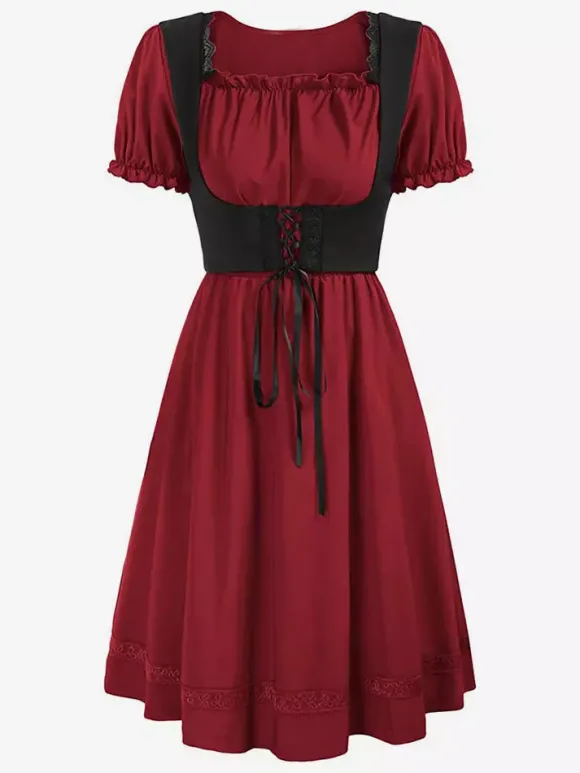 Women Vintage Dress Renaissance Square Neck Dress Short Sleeve V-Back A-Line Dress Ruched Temperament Evening Dresses