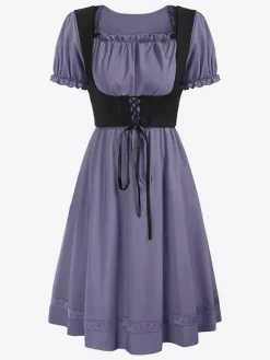 Women Vintage Dress Renaissance Square Neck Dress Short Sleeve V-Back A-Line Dress Ruched Temperament Evening Dresses