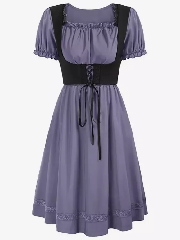 Women Vintage Dress Renaissance Square Neck Dress Short Sleeve V-Back A-Line Dress Ruched Temperament Evening Dresses