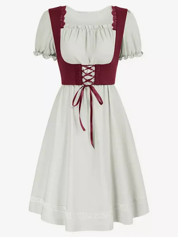 Women Vintage Dress Renaissance Square Neck Dress Short Sleeve V-Back A-Line Dress Ruched Temperament Evening Dresses