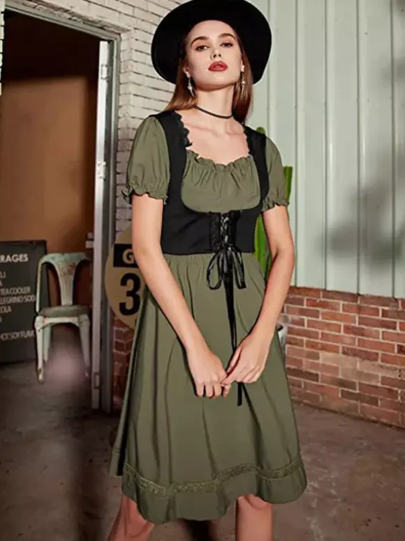 Women Vintage Dress Renaissance Square Neck Dress Short Sleeve V-Back A-Line Dress Ruched Temperament Evening Dresses