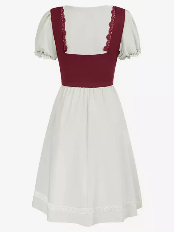 Women Vintage Dress Renaissance Square Neck Dress Short Sleeve V-Back A-Line Dress Ruched Temperament Evening Dresses