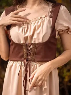Women Vintage Dress Renaissance Square Neck Dress Short Sleeve V-Back A-Line Dress Ruched Temperament Evening Dresses