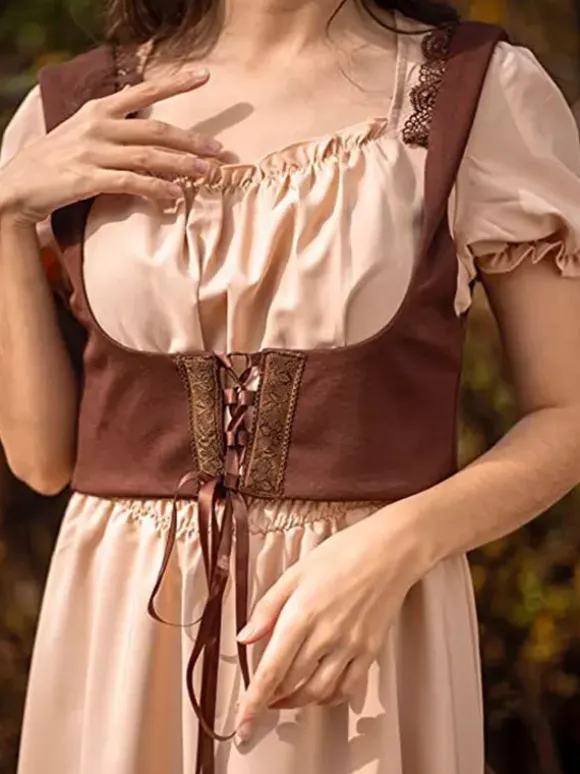 Women Vintage Dress Renaissance Square Neck Dress Short Sleeve V-Back A-Line Dress Ruched Temperament Evening Dresses