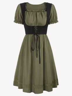 Women Vintage Dress Renaissance Square Neck Dress Short Sleeve V-Back A-Line Dress Ruched Temperament Evening Dresses