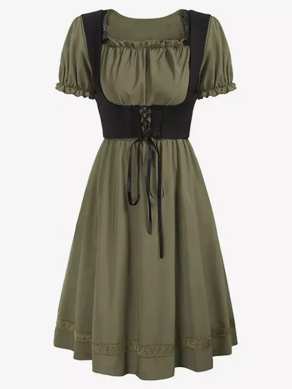 Women Vintage Dress Renaissance Square Neck Dress Short Sleeve V-Back A-Line Dress Ruched Temperament Evening Dresses