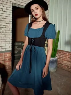 Women Vintage Dress Renaissance Square Neck Dress Short Sleeve V-Back A-Line Dress Ruched Temperament Evening Dresses