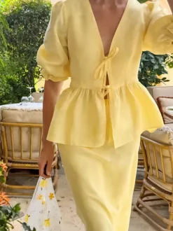 Women V Neck Front Tie Puff Sleeve Peplum Top Mermaid Maxi Skirt 2 Piece Set