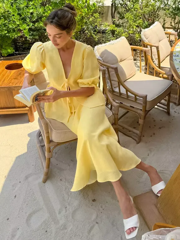 Women V Neck Front Tie Puff Sleeve Peplum Top Mermaid Maxi Skirt 2 Piece Set