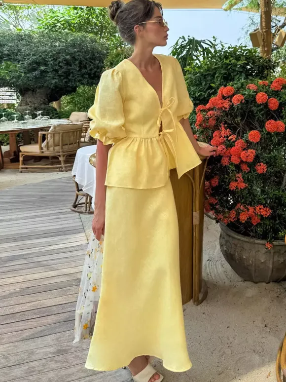 Women V Neck Front Tie Puff Sleeve Peplum Top Mermaid Maxi Skirt 2 Piece Set