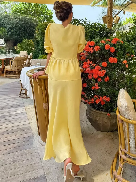 Women V Neck Front Tie Puff Sleeve Peplum Top Mermaid Maxi Skirt 2 Piece Set