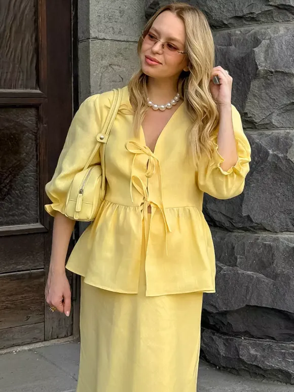 Women V Neck Front Tie Puff Sleeve Peplum Top Mermaid Maxi Skirt 2 Piece Set