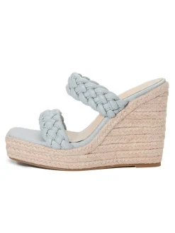 Women Wedge Heeled Mules Slip On Square Toe PU Leather Light Blond Wedge Boho Wedding Sandals