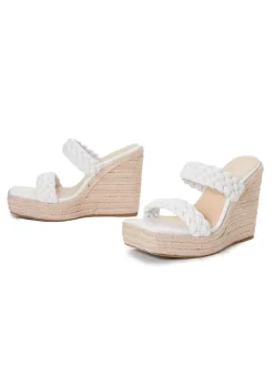Women Wedge Heeled Mules Slip On Square Toe PU Leather Light Blond Wedge Boho Wedding Sandals