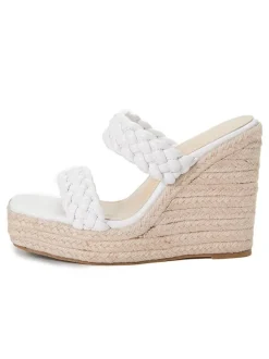 Women Wedge Heeled Mules Slip On Square Toe PU Leather Light Blond Wedge Boho Wedding Sandals