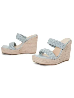 Women Wedge Heeled Mules Slip On Square Toe PU Leather Light Blond Wedge Boho Wedding Sandals