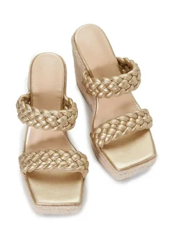 Women Wedge Heeled Mules Slip On Square Toe PU Leather Light Blond Wedge Boho Wedding Sandals