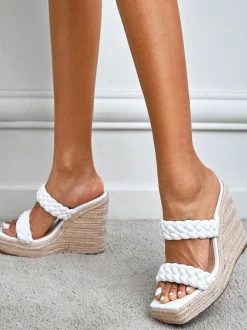 Women Wedge Heeled Mules Slip On Square Toe PU Leather Light Blond Wedge Boho Wedding Sandals
