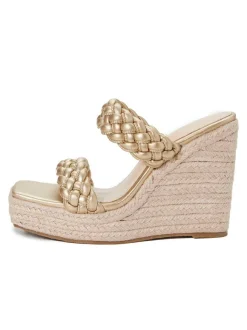 Women Wedge Heeled Mules Slip On Square Toe PU Leather Light Blond Wedge Boho Wedding Sandals
