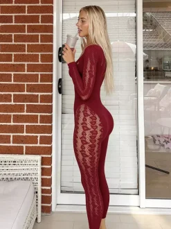 Women Wine Red Black Floral Lace Mesh Long Sleeve Catsuit Front Cutout See Through Body Stocking