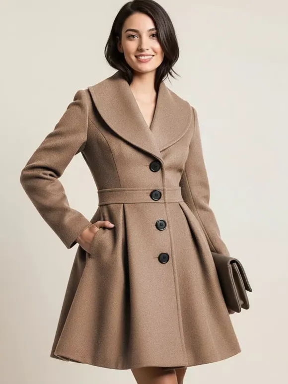 Wool Blend A-line Coat With Shawl Collar And Black Buttons For Women 2026