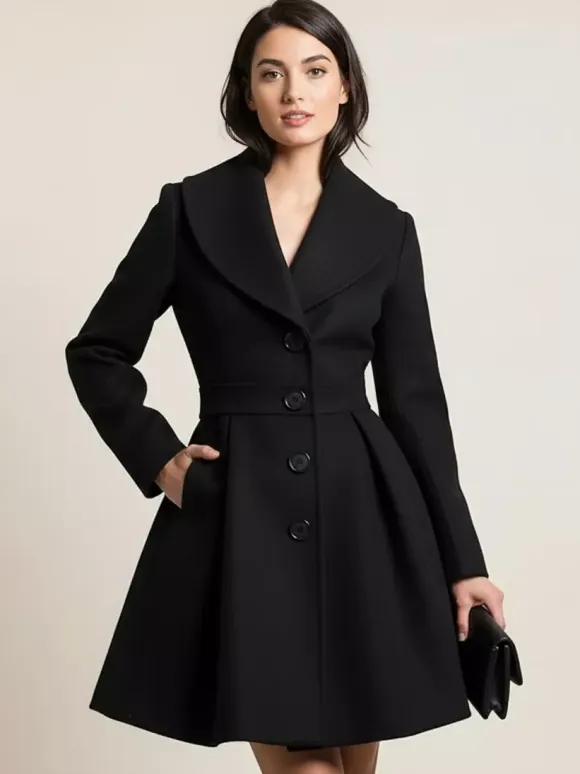 Wool Blend A-line Coat With Shawl Collar And Black Buttons For Women 2026
