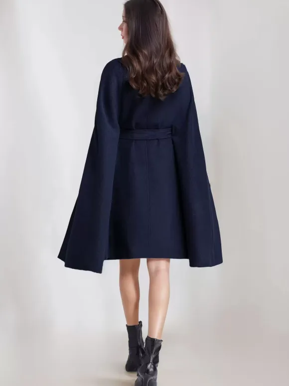 Wool Blend Cape Coat For Women Stand Collar Dark Navy Belted Oversized Poncho Outerwear 2026