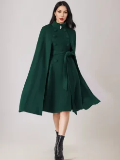 Wool Blend Cape Coat For Women Stand Collar Dark Navy Belted Oversized Poncho Outerwear 2026