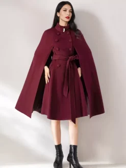 Wool Blend Cape Coat For Women Stand Collar Dark Navy Belted Oversized Poncho Outerwear 2026