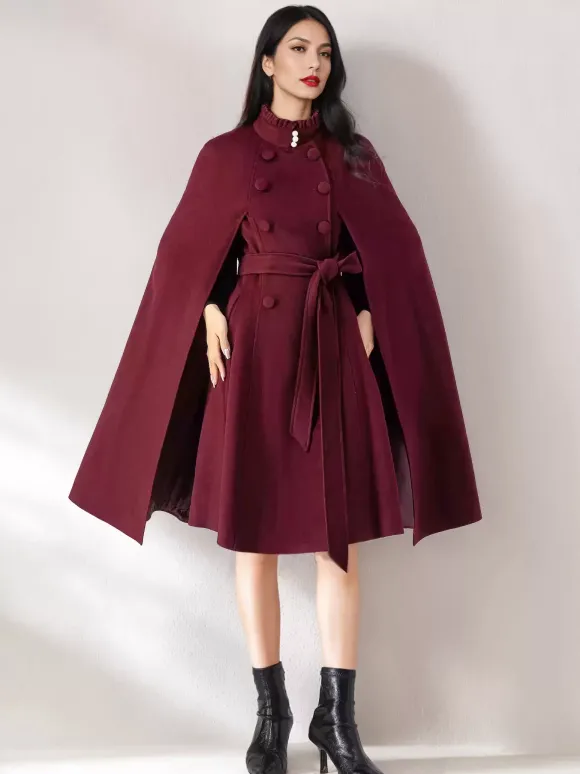 Wool Blend Cape Coat For Women Stand Collar Dark Navy Belted Oversized Poncho Outerwear 2026